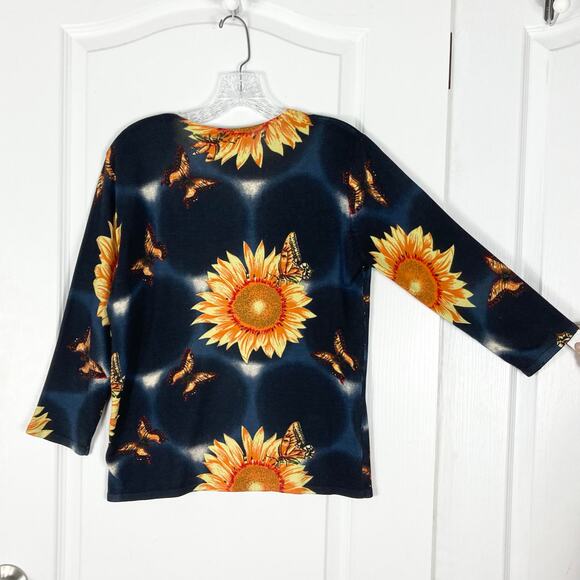 JOSEPH A. Sweater Top L Silk Floral Butterfly Black-Orange-Yellow Knit Long-Slev - Picture 2 of 7